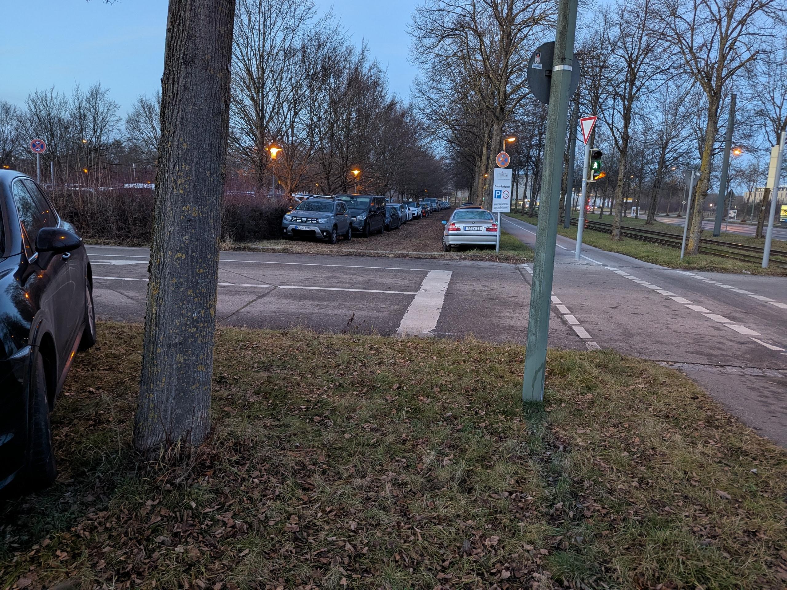 auf der Wiese entlang des Rad- und Fußweges parken jede Menge Autos in zwei Reihen